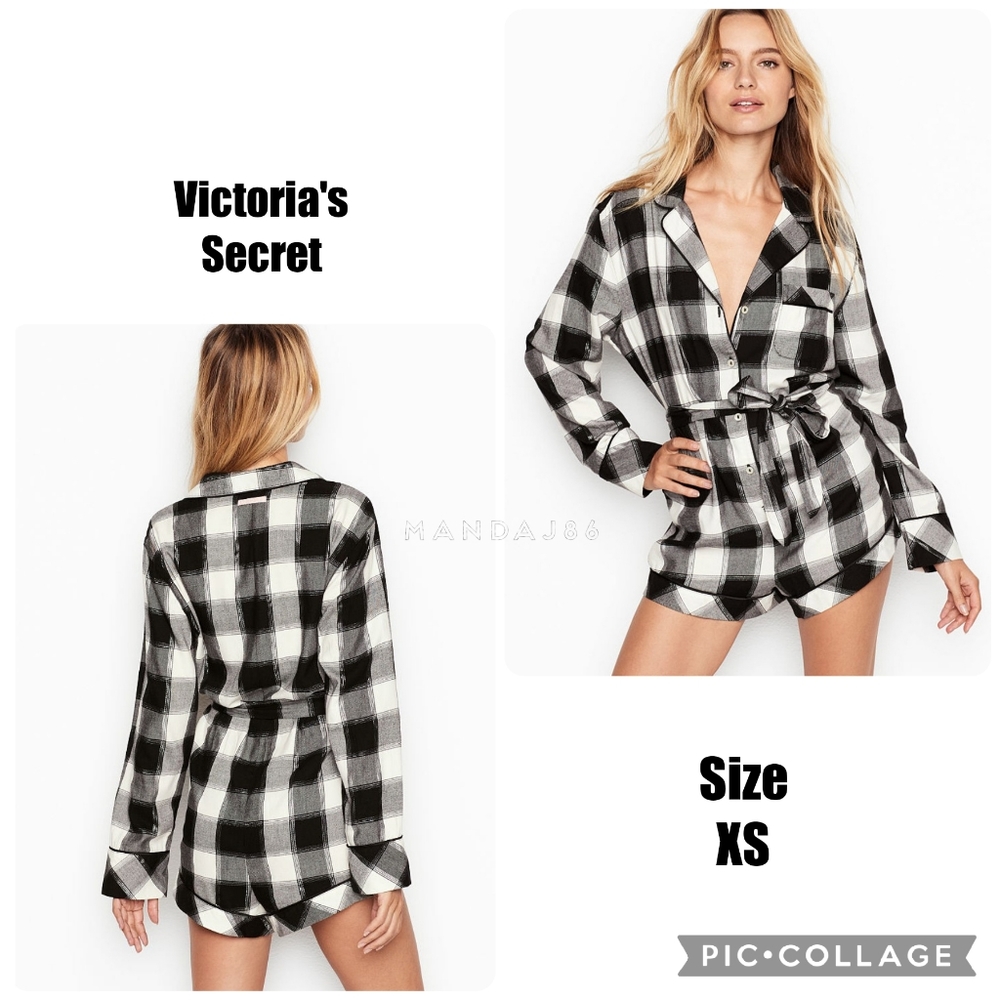VS Black White Shimmery Plaid Lightweight Flannel PJ Sleep Romper Outfit XS NEW